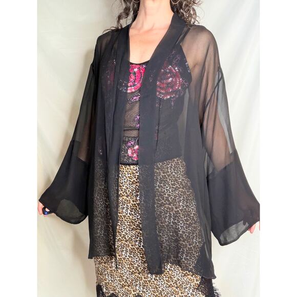 Harari sheer silk kimono jacket cardigan layering oversized black lagenlook L - Picture 10 of 13